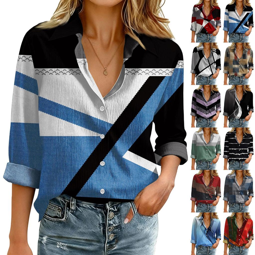 Women's Fashionable Casual Loose Geometric Patchwork Print Long-sleeved Shirt