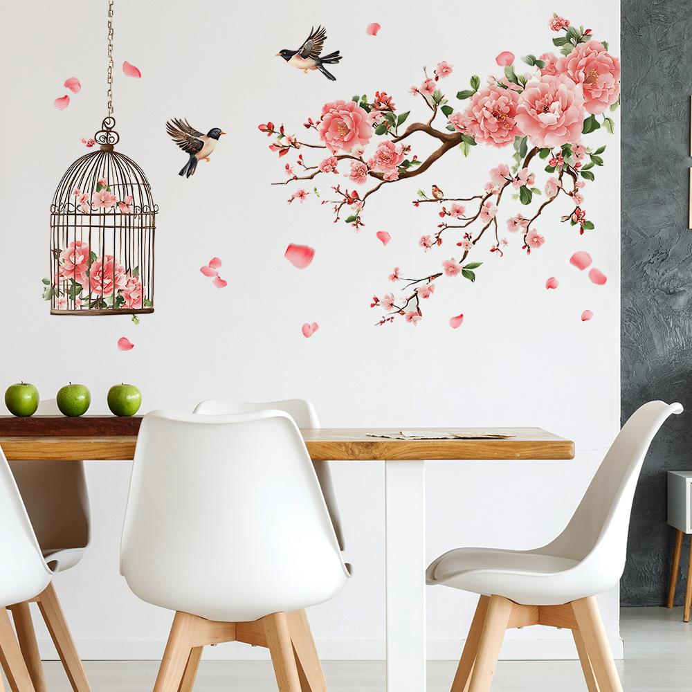 Enkel persikoblomgren Fågelbur Sovrum Vardagsrum Bakgrundsutsmyckning och Dekorativa Väggklistermärken