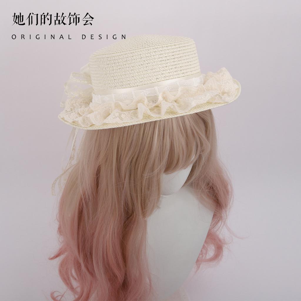 Mori Pastoral Original Handmade Lolita Sun Hat White Sweet Lace Bow Ribbon Straw Hat