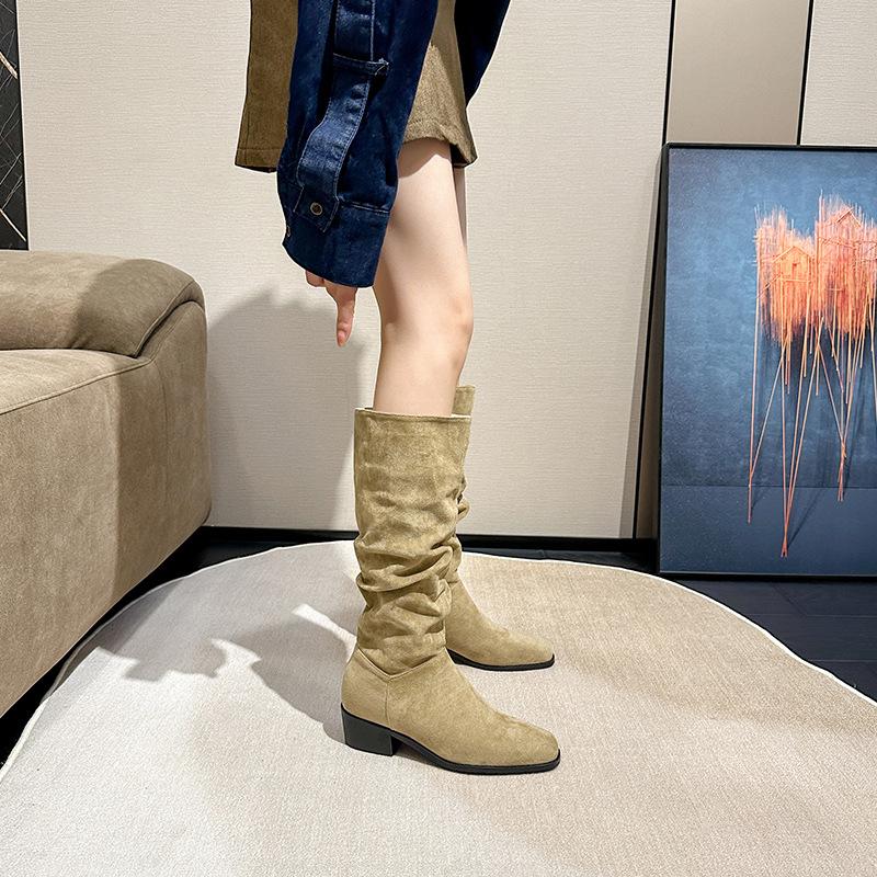 Retro stacking boots women's autumn western cowboy boots medium tube small knight boots heightened