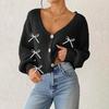 Women's Solid Color Button-Up Cardigan Deep V-Neck Short Loose-Fitting Jacket Casual Top