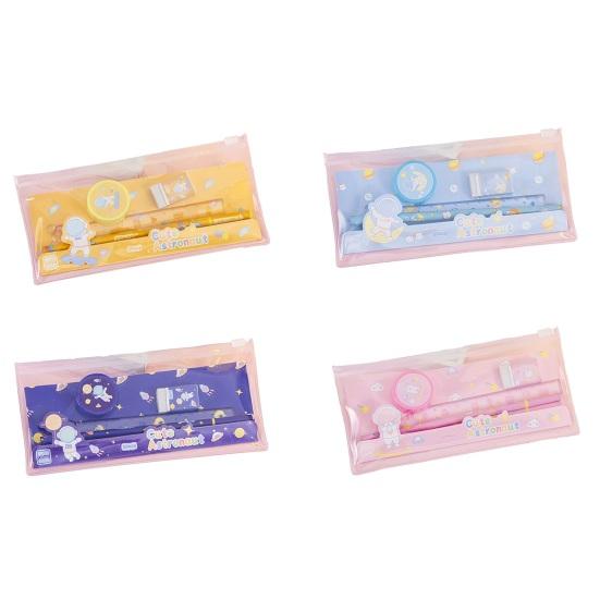 6Pcs/Set Kids Cartoon Stationery Set with 2 Pencils Eraser Sharpener Ruler Transparent Case Students School Supplies Classroom Prizes Gifts