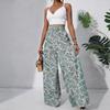 women's High Waist Leaf Printed Casual Wide Leg Pants Vacation Beach Trousers Bottoms