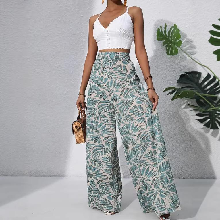 women's High Waist Leaf Printed Casual Wide Leg Pants Vacation Beach Trousers Bottoms