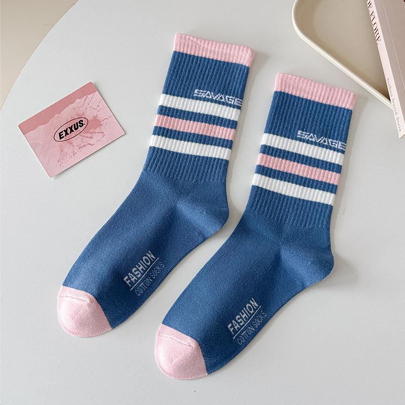 

Женские весенне-осенние полосатые носки-гольфы спортивного типа с буквенным принтом, универсальные 1 pair синий