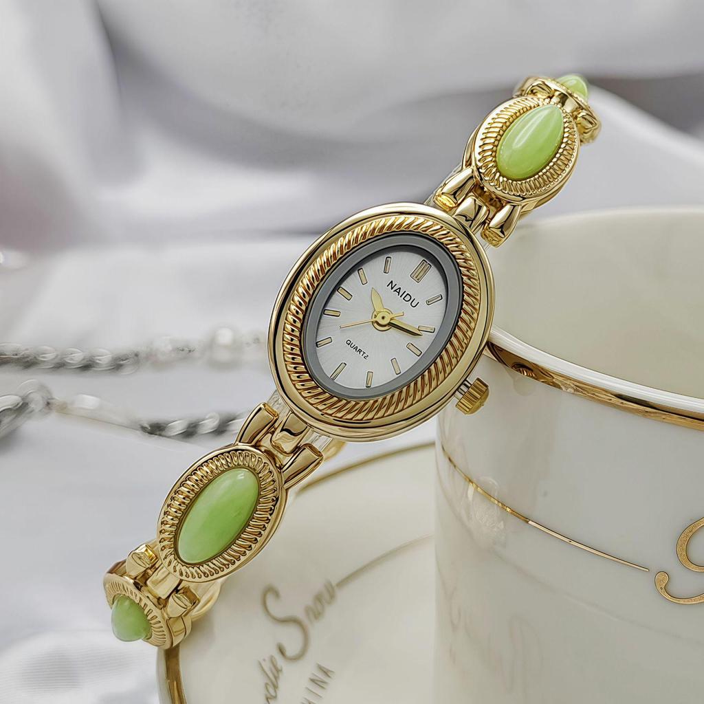 Korean Style Women's Oval Bracelet Watch - Colorful Stone, Versatile, Niche Fashion, Gold, High-End Feel