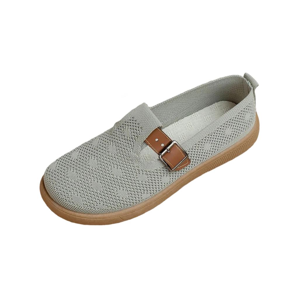 Women Casual Slip On Shoes Breathable Knit Fabric Round Toe Soft Sole Flat Loafers with Adjustable Buckle Strap Comfortable Walking Shoes