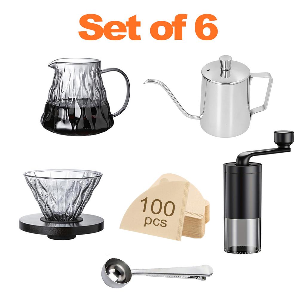 Pour Over Coffee Maker Set of 6, Pour Over Coffee Kettle, Coffee Grinder, Glass Coffee Carafe and Dripper, Spoon, Filter Paper
