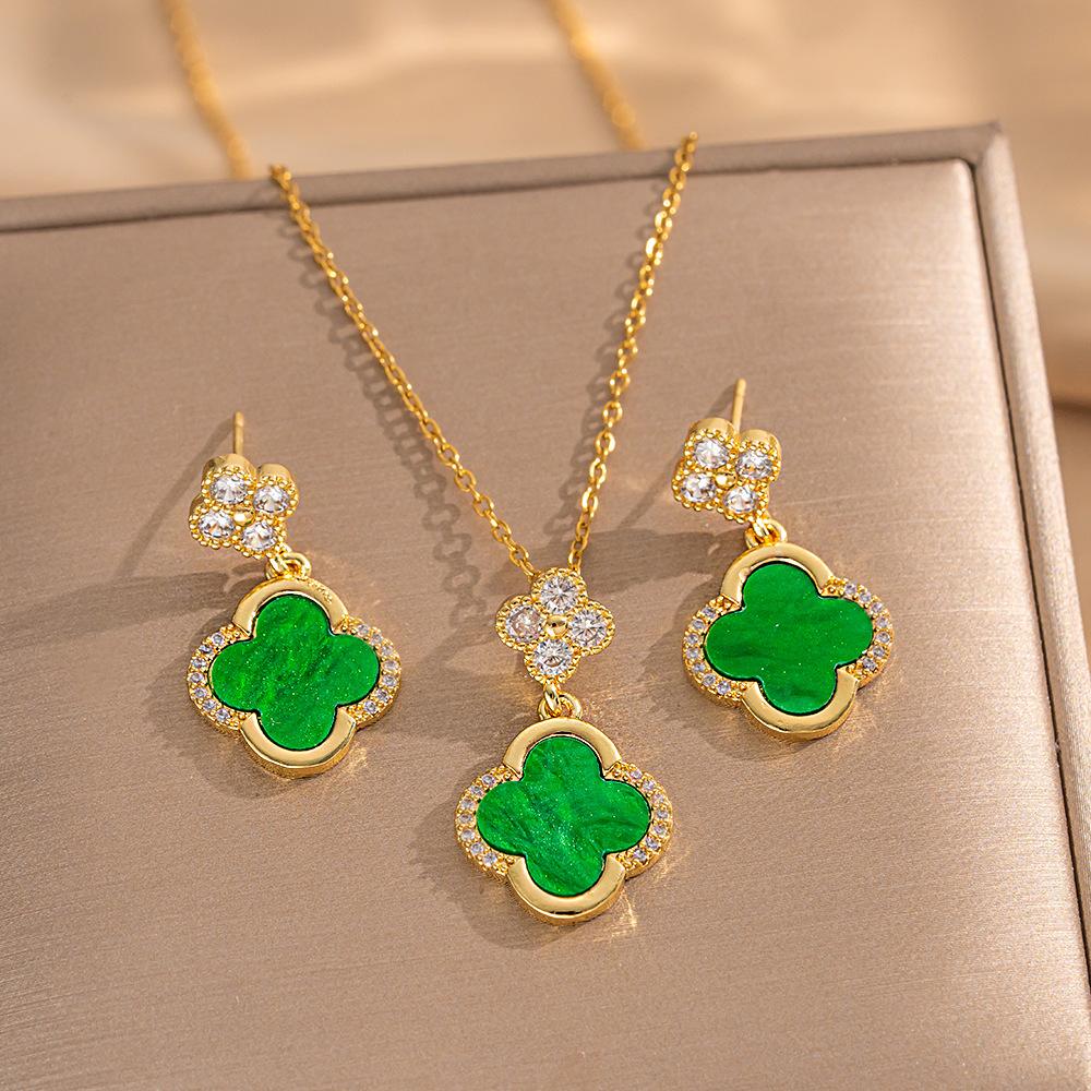 

Комплект из 2 микросережек и ожерелий Lucky Clover, лучший подарок на День святого Валентина для девушки necklace+earring зелёный