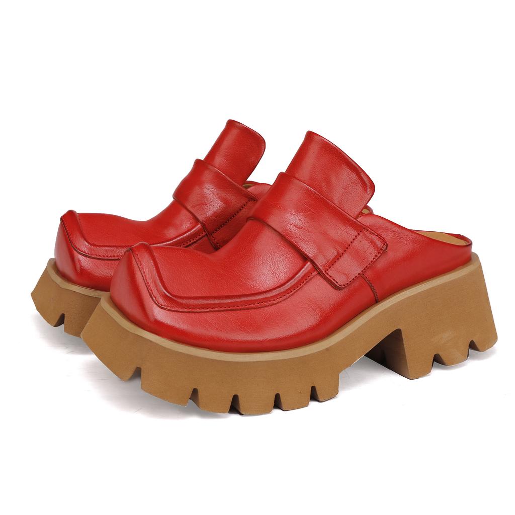 Johnature Retro Genuine Leather Square Toe Thick Soled Outdoor Slippers Thick Heel Women's Slip-on Shoes