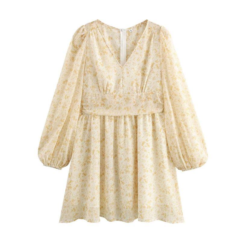 

Kaslead New Arrival Women s Clothing Fashion Style Fashion Minimalist V-neck Puff Sleeve Small Floral Dress Beige L