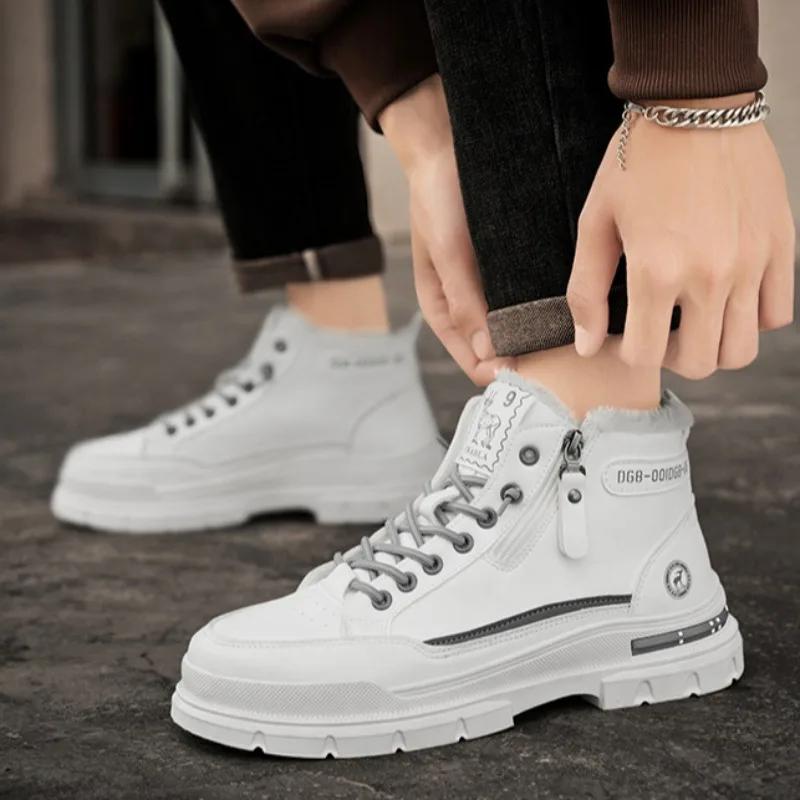 Fashion Winter Mens Warm Ankle Boots Fashion Versatile White Leather Shoes Outdoor Non-slip Sneakers for Man Motocycle Snows Boots Botas