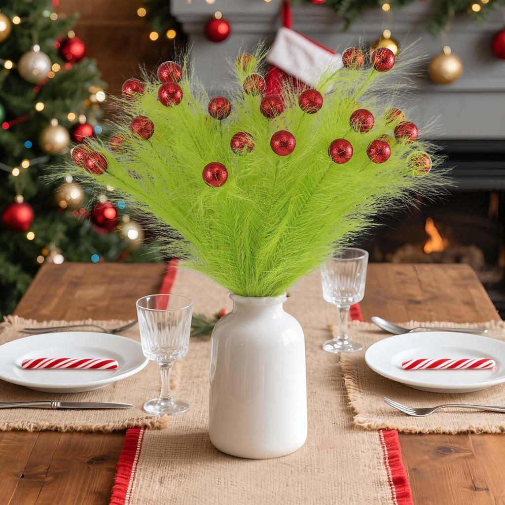 12PCS Christmas Picks Sprays Tree Topper Lime Green Curly with Red Ball Artificial Pampas Stems for Xmas Tree Crafts Home Decor