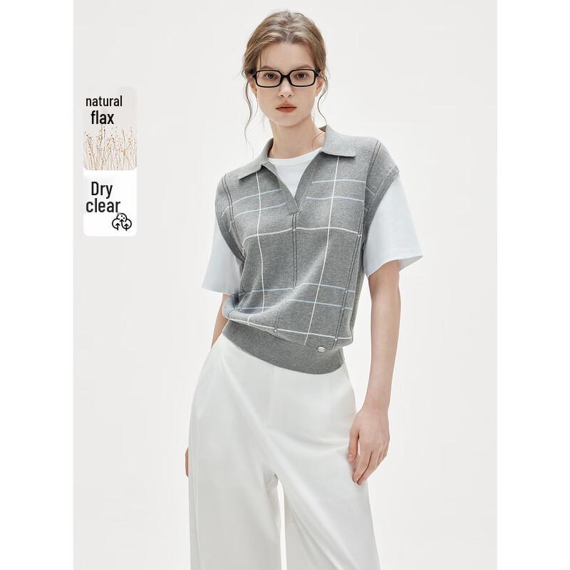 ELLE Retro Plaid Knit Short Sleeve Top L