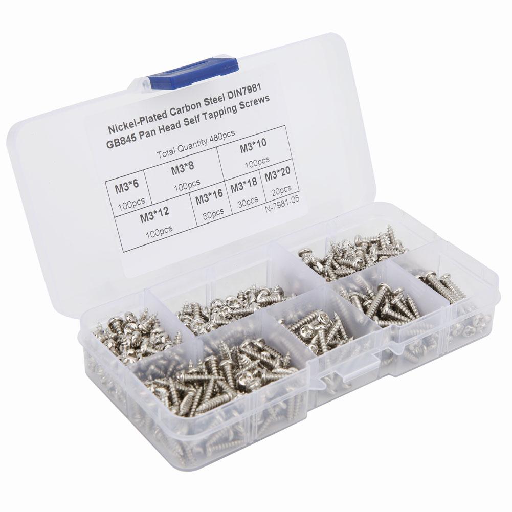 480Pcs Self Tapping Screw Pan Round Head Carbon Steel Fittings M3 Black Nickel Plating(Carbon Steel Black )