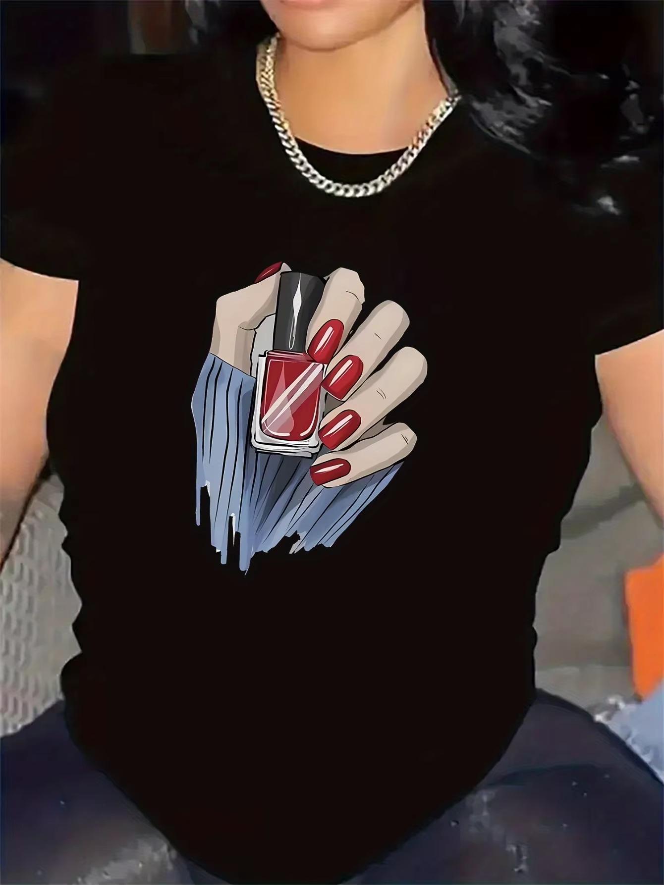 Women Summer Fashion Nail Art Print Casual Crew Neck Short Sleeve Tee Tops Lightweight Comfortable for Daily Restaurant Wear S