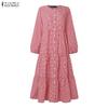 ZANZEA Women Casual Round Neck Long Sleeve Plaid Print Dress