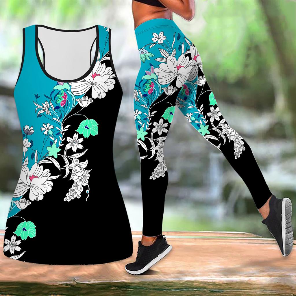 Blue Tilted Flower Print Yoga Outfit for Women Fashion Workout Leggings Fitness Sports Casual Yoga Set Sports Suit