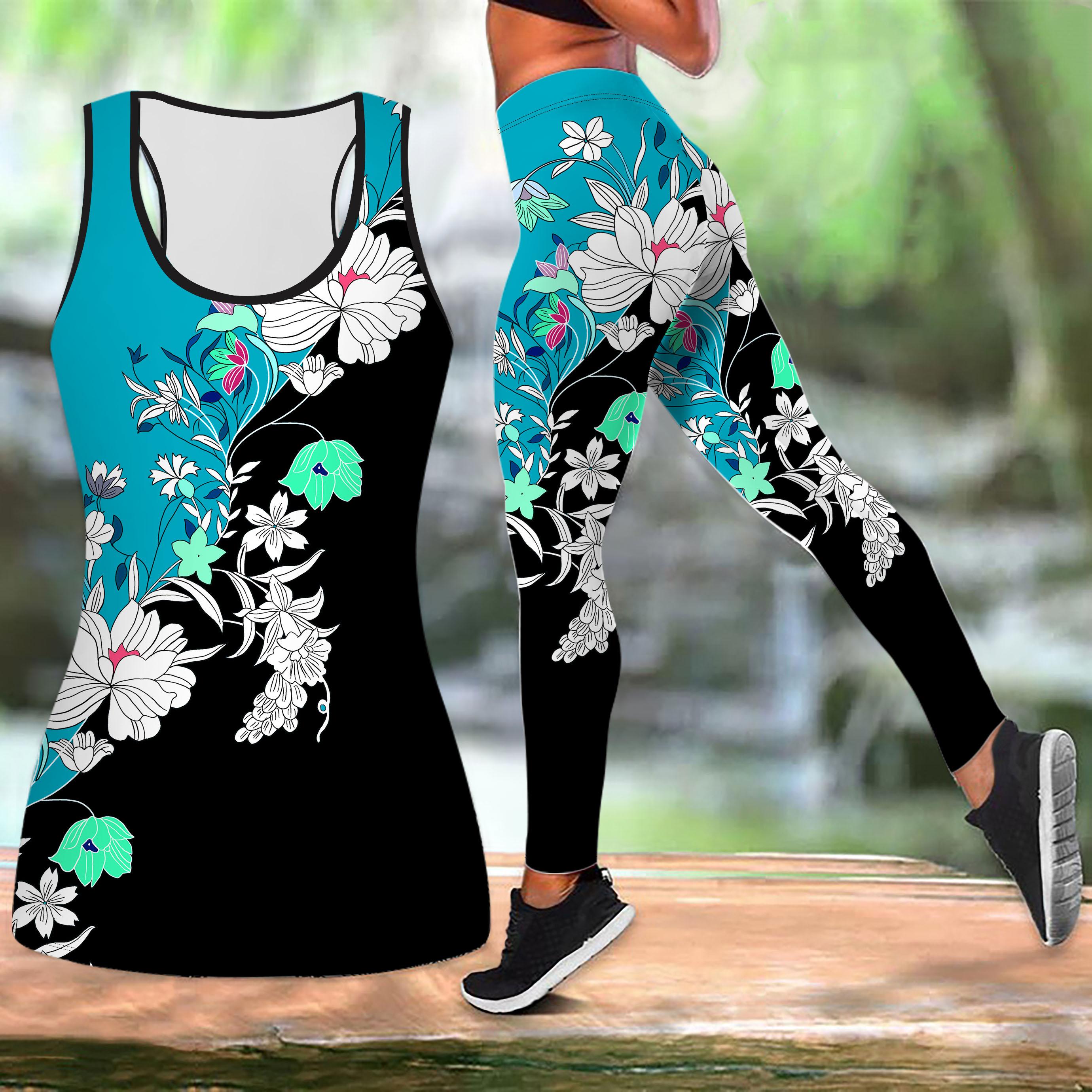 

Одяг для йоги з блакитним квітковим принтом для жінок Модні легінси для тренувань Фітнес Спорт Повсякденний набір для йоги Спортивний костюм XS зелений