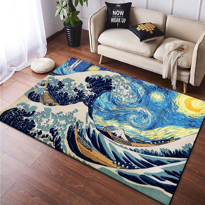Japanisches Wellenbild Künstlerische Teppiche für Schlafzimmer Lustige Fußmatten Teppiche für Wohnzimmer Jungen Mädchen Kinderzimmer Heimdeko Rutschfest