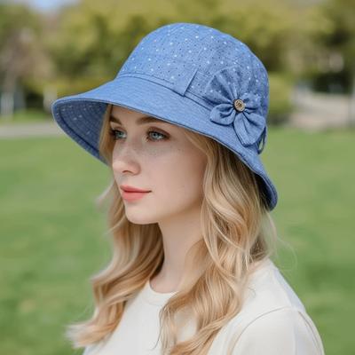 Klobouk typu bucket s knoflíkem a širokým okrajem Čepice s širokým okrajem pro starší lidi Venkovní rybářský klobouk s mašlí Cestování