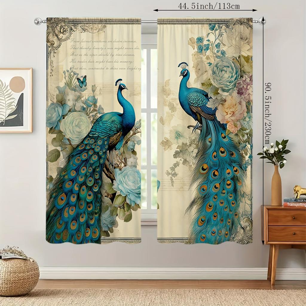 2PCS, Multicolor, Elegant Peacock and Floral Print with Vintage Script Accents Curtains, for Bedroom and Living Room, Rod Pocket