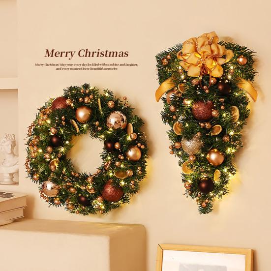 Christmas Wreath for Front Door Artificial Green Pine Needles Teardrop Swag Christmas Garland Decoration with Balls Bows Holiday Decor