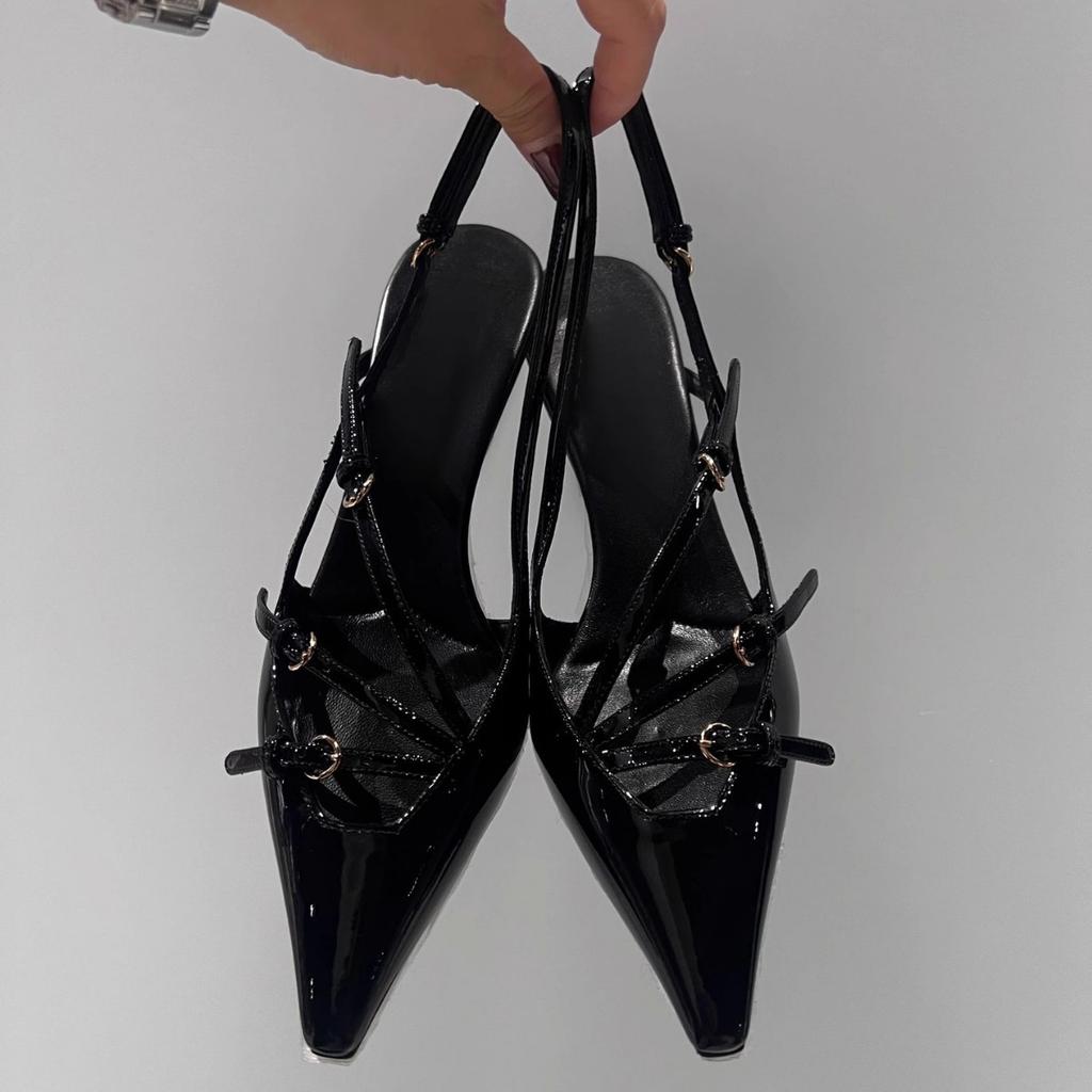 Sheepskin Version~ Genuine Leather One-word Buckle with Small Pointed Tip, Back Empty Stiletto High Heels, Women's High-heeled Sandals, Medium-h