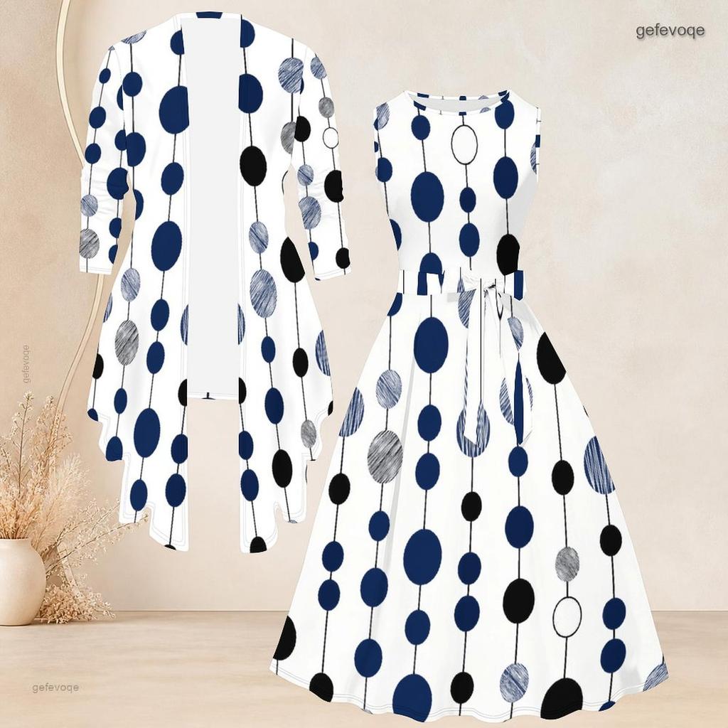 Women Plus Size Two Piece Set Printed 3 4 Sleeve Open Cardigan Sleeveless Round Neck Tie Waist Flared Dress