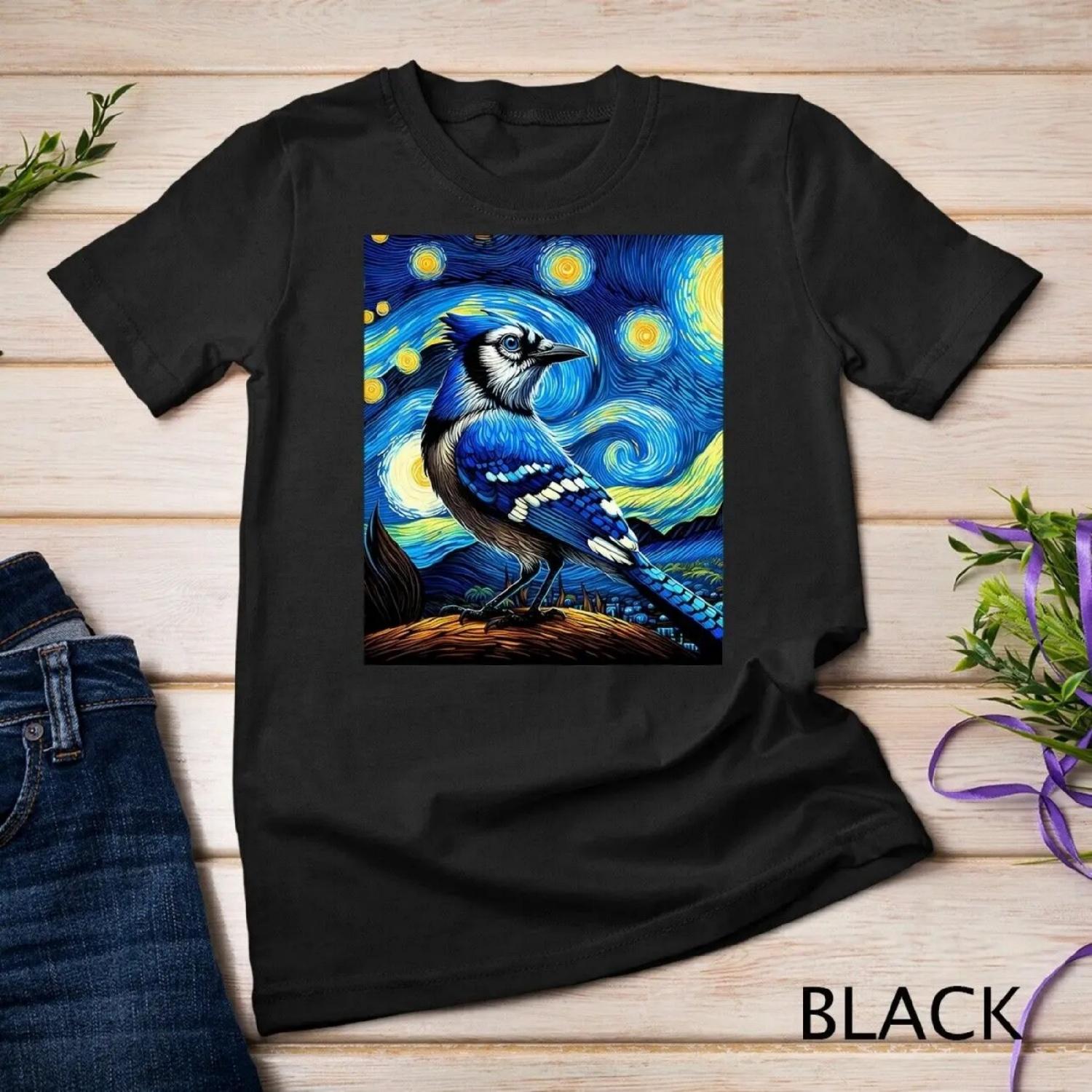 Blue Jay Under Starry Night Sky Art Christmas T Shirt XXXXXL разноцветный