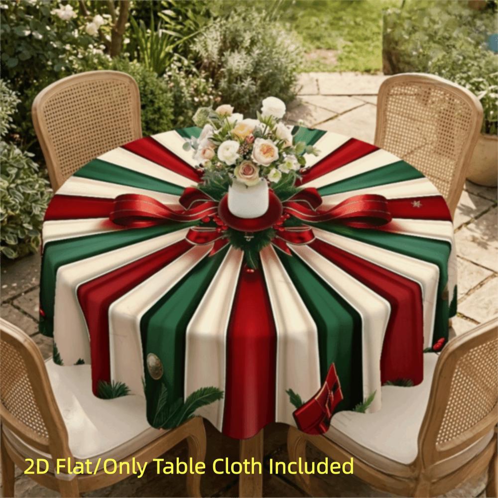 Waterproof 2D Flat Tablecloth Red Green Contrast Color Stain-resistant Christmas Round Tablecloth Non-slip Candy Stripe
