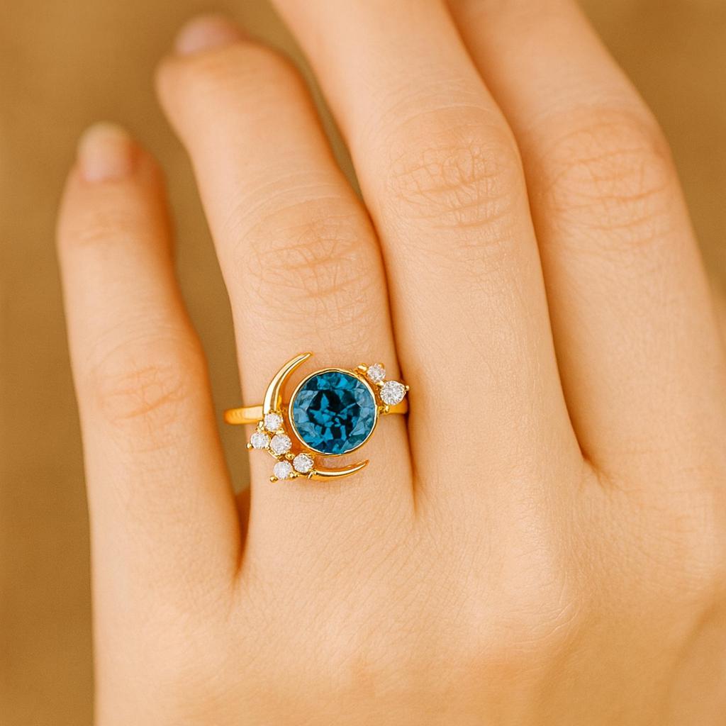 Sun and Moon Green Sapphire Ring with Cubic Zirconia – Celestial Gemstone Ring - Gold Plated 925 Sterling Silver Jewelry Gift