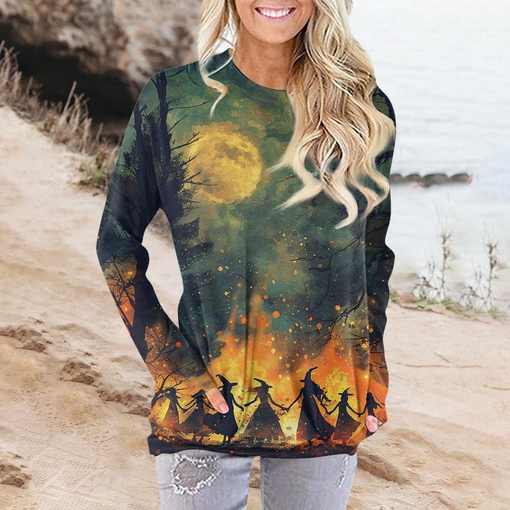 Damenmode Lässig Rundhals Print Langarm Tasche T-Shirt Top