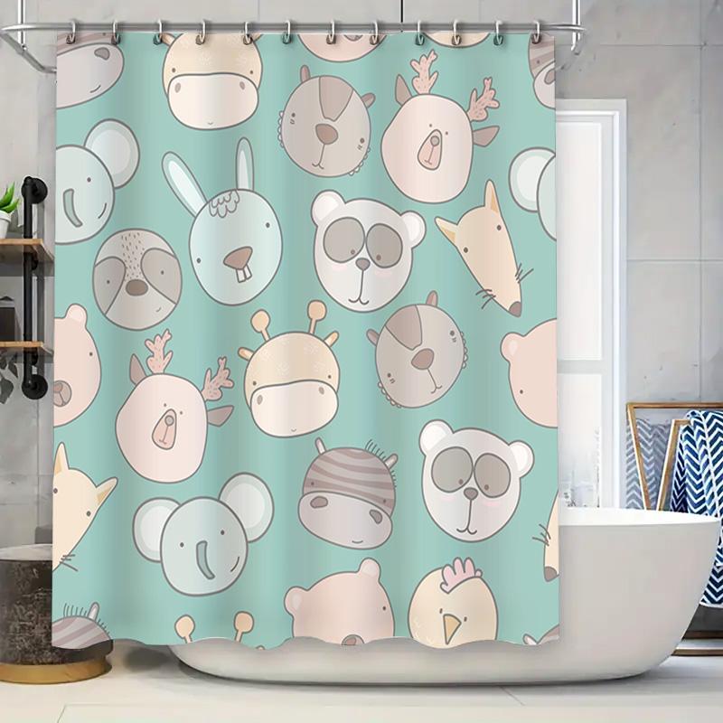 

Whimsical Animal Print Shower Curtain For Kids Bathroom Decor Aqua Green Colorful Cartoon Pattern Bath Linen With Hooks (180X180 W60H190(CM)-1 Pcs