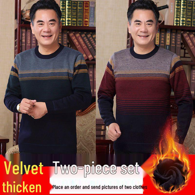 Men's Thick Fleece-Lined Sweater - Grandpa Style, Round Neck, Perfect for Winter Warmth