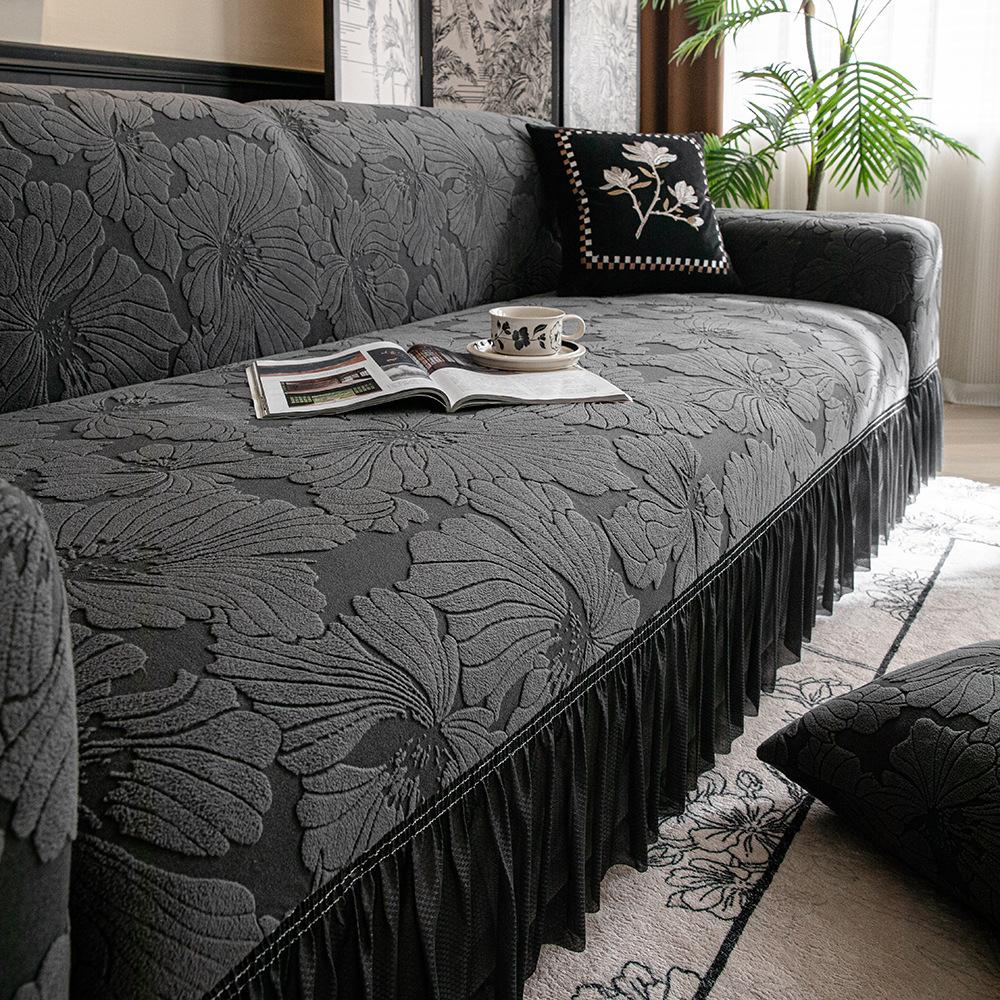 New Jacquard Velvet All Season Elastic Protective Cover with Anti Cat Scratch Skirt Edge Sofa Cover