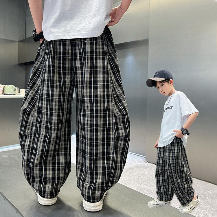 Boys' Summer Plaid Pants Thin Loose Casual Pants Trendy and Cool Mosquito Repellent Pants
