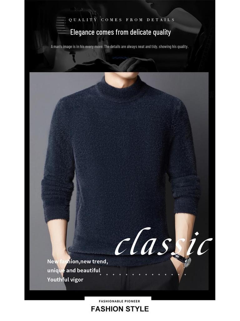 Men's Thick Chenille Velvet Turtleneck Sweater with Golden Carving