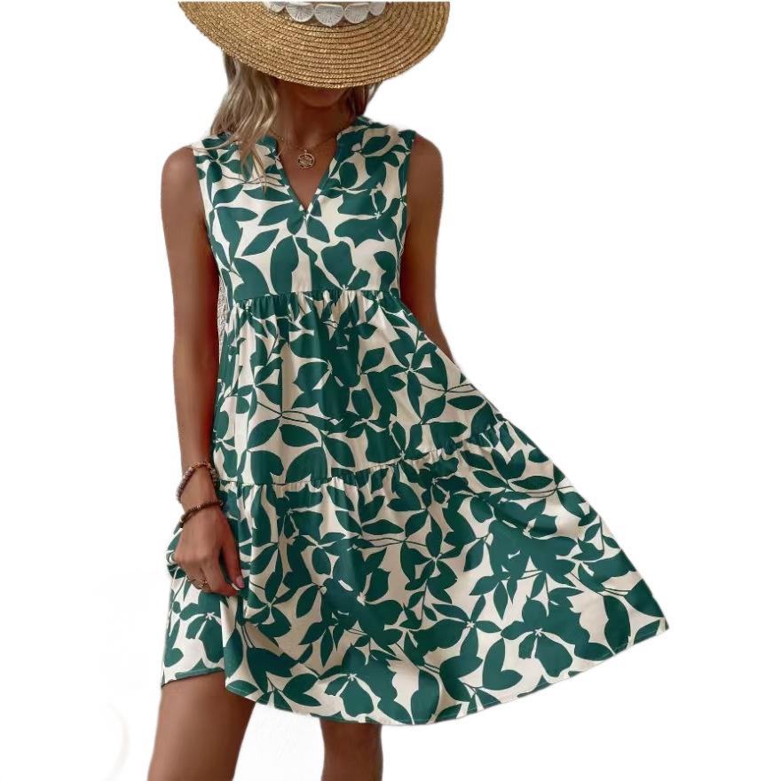 Women V-Neck Sleeveless Printed Dress Casual Loose Fit Summer Beach Dress S