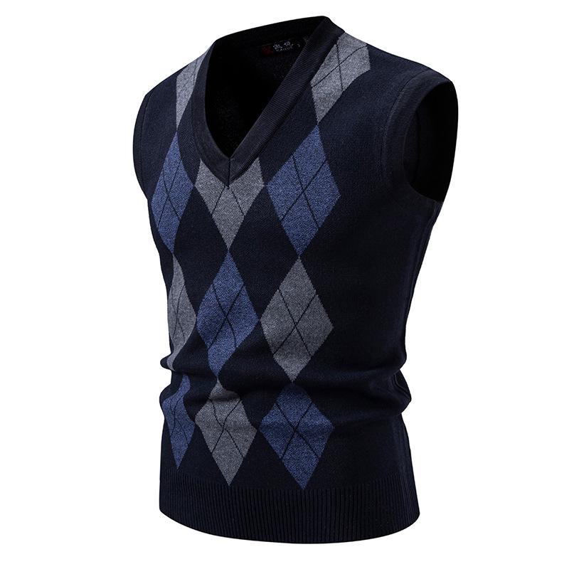 Herren Argyle Westen Mode V-Ausschnitt Ärmelloser Pullover Weste Luxus Kontrast Herren Strickweste