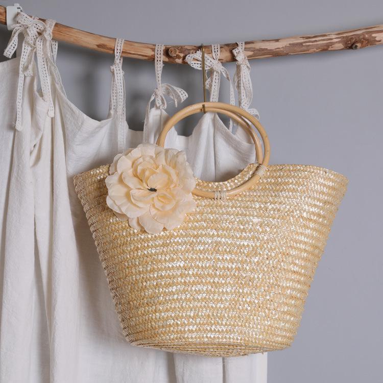 2025 Wheat Straw Braided Handbag with Wooden Handle - Women's Pastoral Ins Mori Girl Style