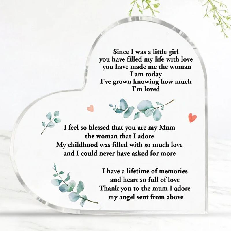 2D Flat Mom Gift Acrylic Heart Desktop Decoration Plaque, Home Decor Plaque Hanging Wall Art Decorative Garden Decoration for Room Door Signs Hanging
