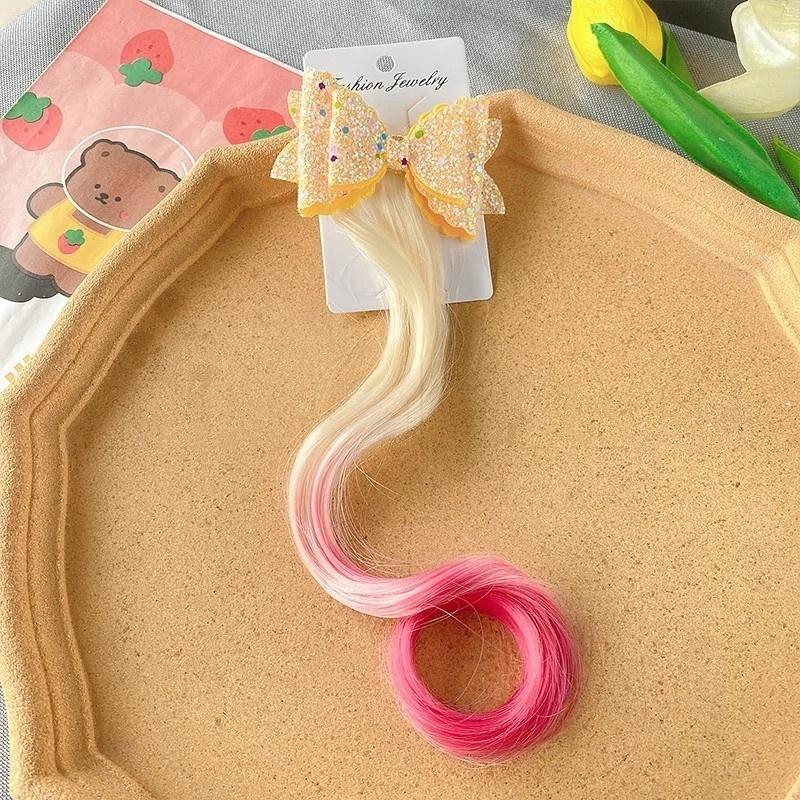 1/2pcs Cute Curly Hair Bowtie Wig Girls Hairpins Ombre Color Headwear Hair Clips For Princess Dress Up Birthday Gift Party Favor