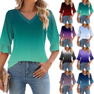 Women's Casual 3/4 Sleeve Top Summer V-neck Puffy Sleeve T-shirt Top