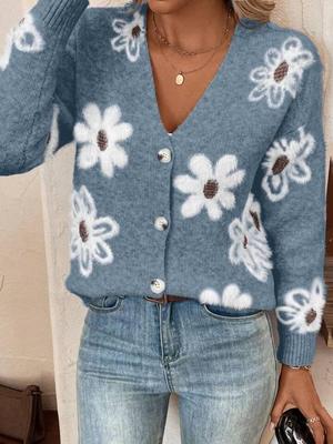 Carino Cardigan Maglione Lavorato a Maglia Floreale per Autunno Inverno
