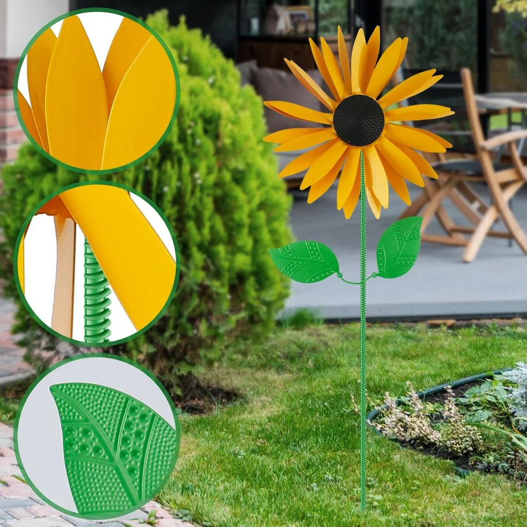 Sunflower windmill ground plug 3D metal sunflower art sculpture wind spinner sunflower stake wrought iron garden lawn decoration