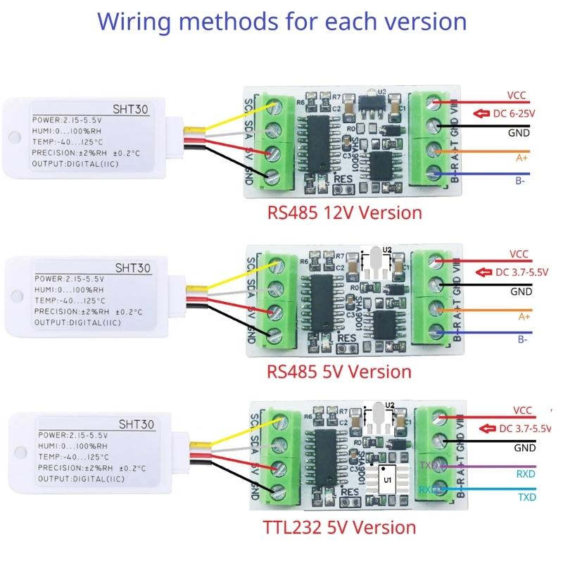 Industrial Temperature and Humidity SHT30 Sensors Adapter Board RS485 TTL232 Analog Remote -40-125℃ 0-100%RH Module