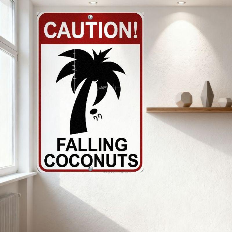 Vorsicht Herabfallende Kokosnüsse Palme Roter Rand Weißer Hintergrund Metallblechschild Vintage Warnschild für Heimbar Man Cave Dekoration