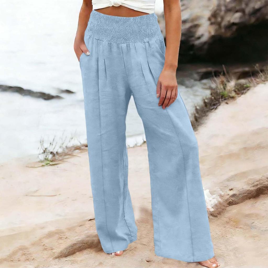 Women's Casual Fashion Cotton Linen Elastic Waist Pants With Pockets