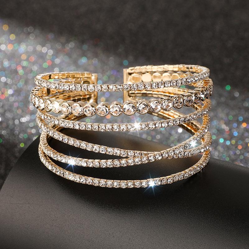 Diamond-Encrusted Steel Wire Elastic Bracelet Six Rows Open ** Fork Wound Rhinestone Bracelet Full Diamond Bracelet Female золотой